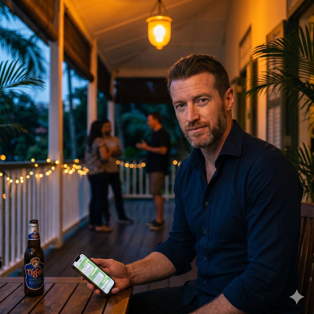 Robin Leonard on a verandah in Singapore at dusk, messaging his AI agent Steve on Telegram over a Tiger beer