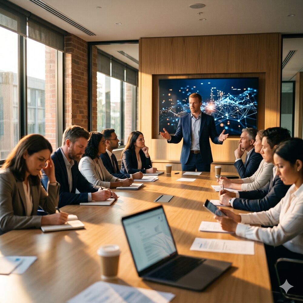 An enterprise team in a boardroom reviewing an AI strategy presentation