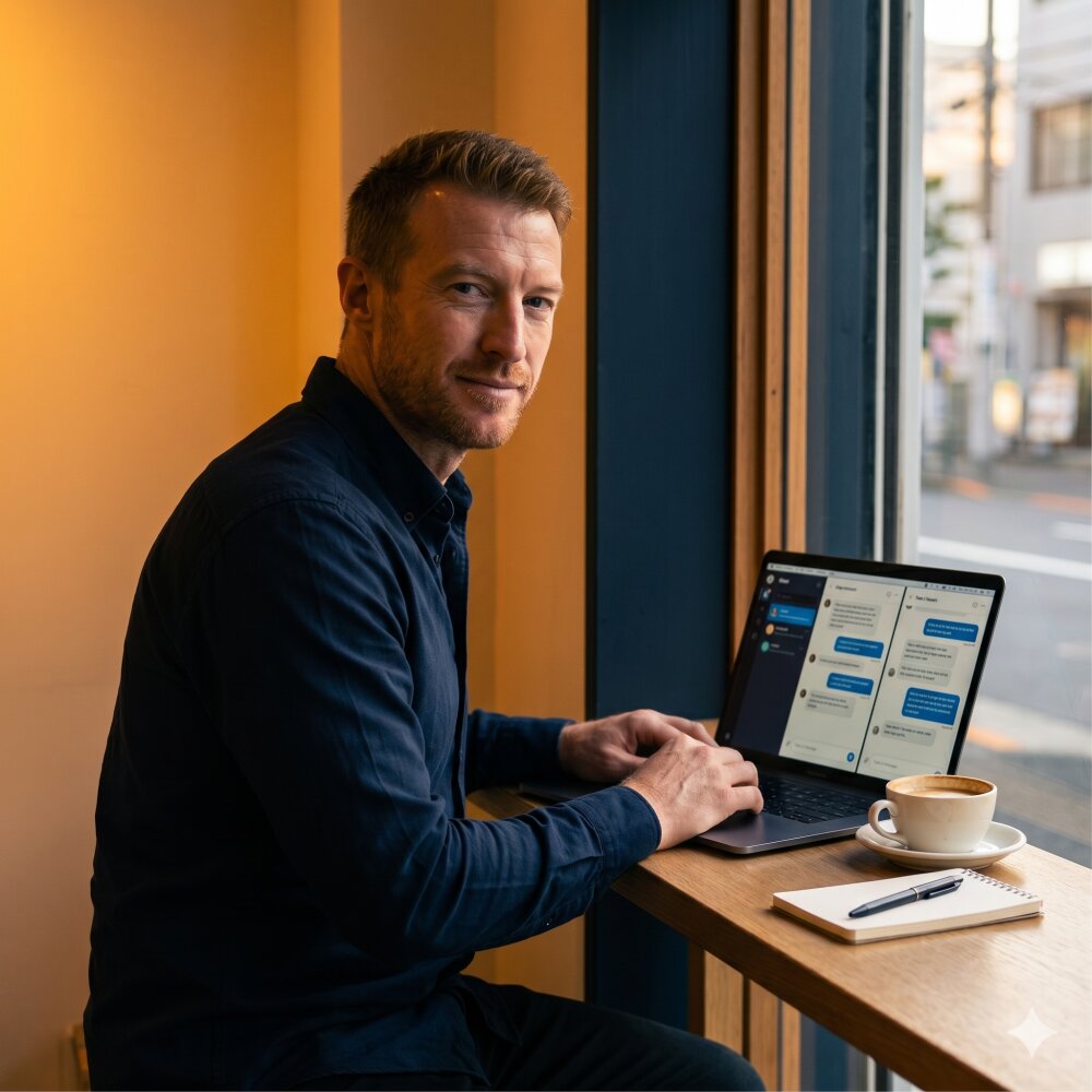 Robin Leonard working from a Tokyo cafe, balancing an AI chat on his laptop with a paper notebook