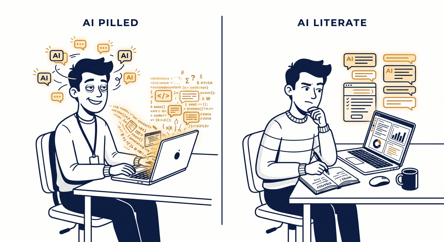 Two-panel cartoon contrasting an AI pilled user drowning in output with an AI literate user thinking it through