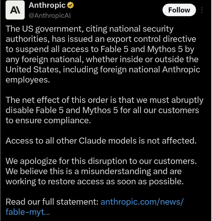 Anthropic's public statement on the export control directive