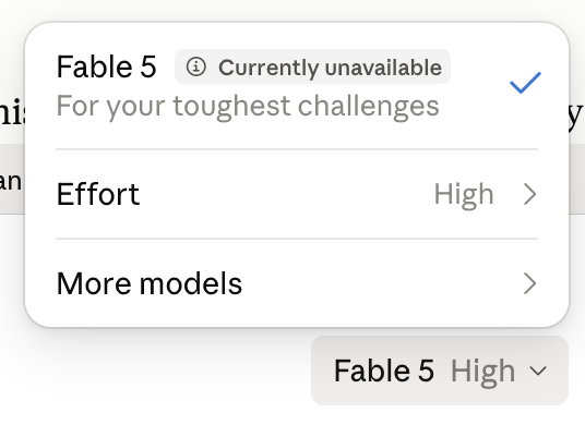 Claude model picker showing Fable 5 marked currently unavailable