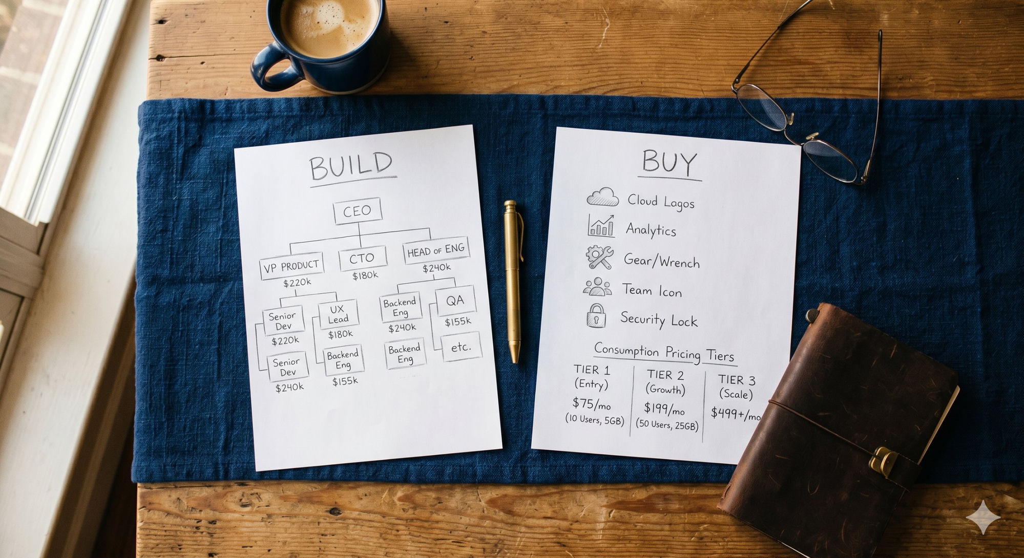 Two hand-drawn comparison sheets — a Build org chart with engineering salaries next to a Buy sheet listing platform features and consumption pricing tiers