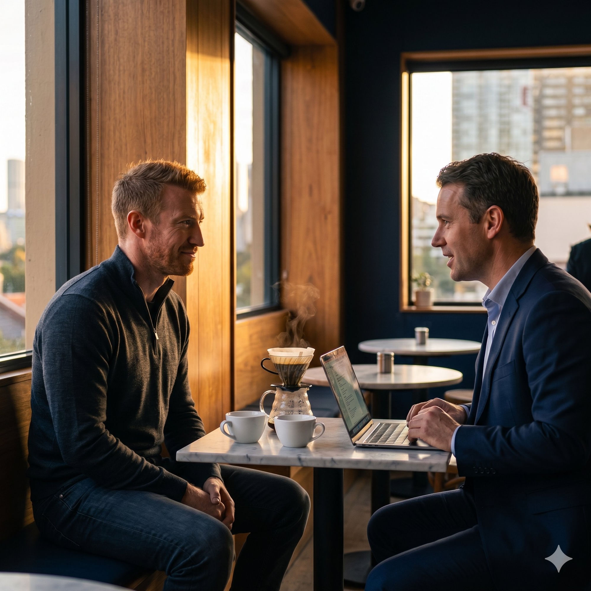 Two professionals discussing a CRM prototype over coffee in a Sydney cafe