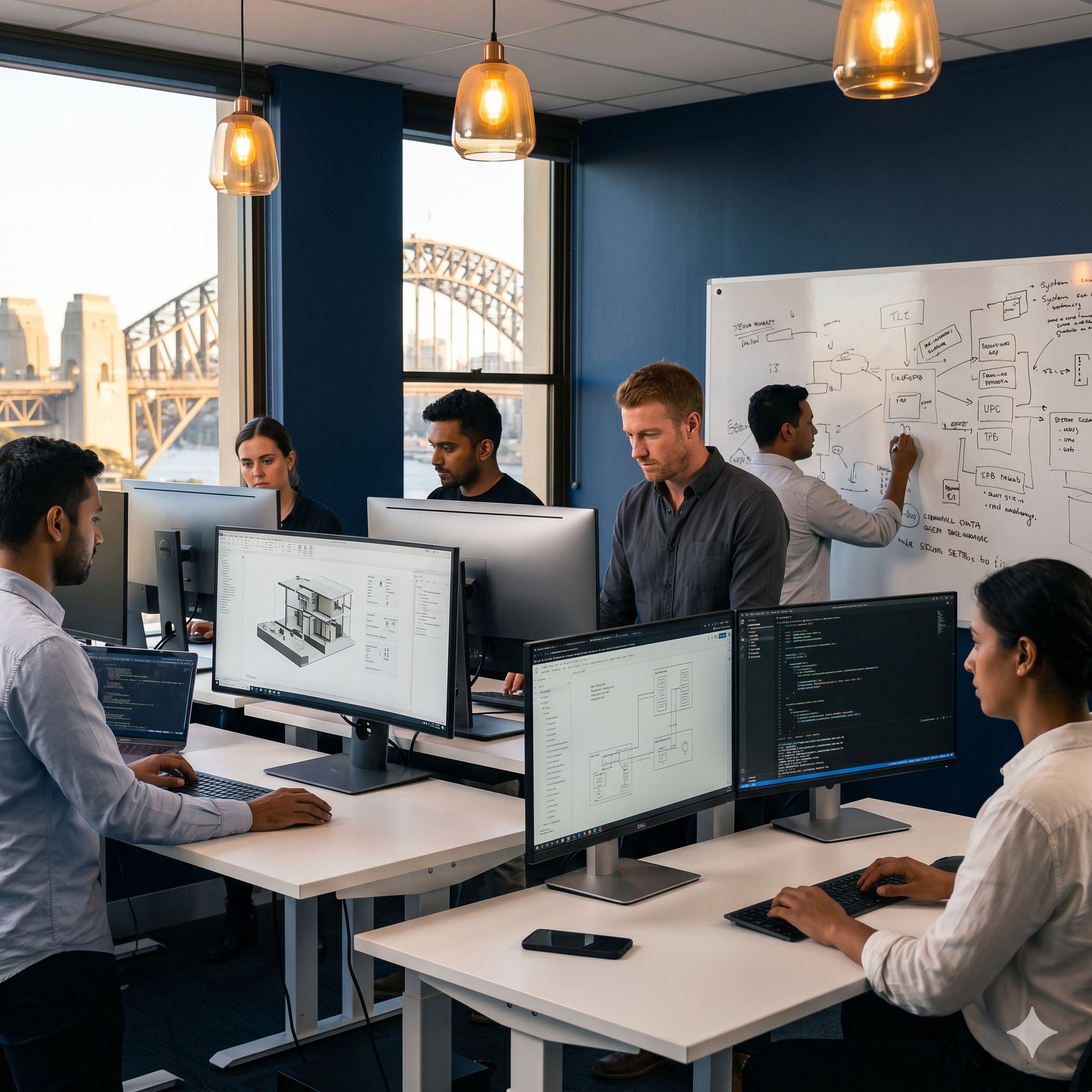 Engineering team in a Sydney office working across multiple monitors with the Harbour Bridge visible through the window