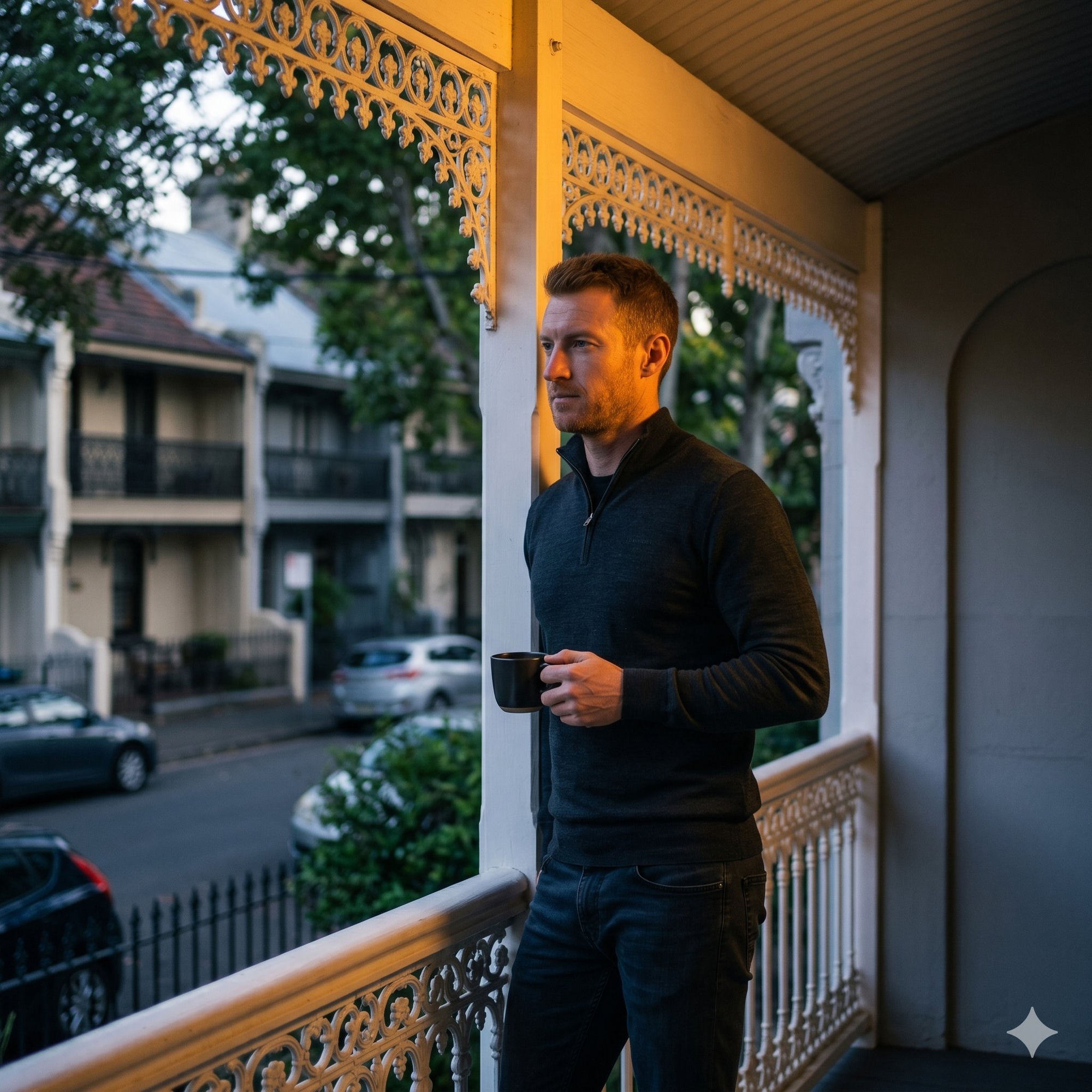 Robin Leonard on a Sydney terrace porch with a coffee, reflecting on the build vs buy decision