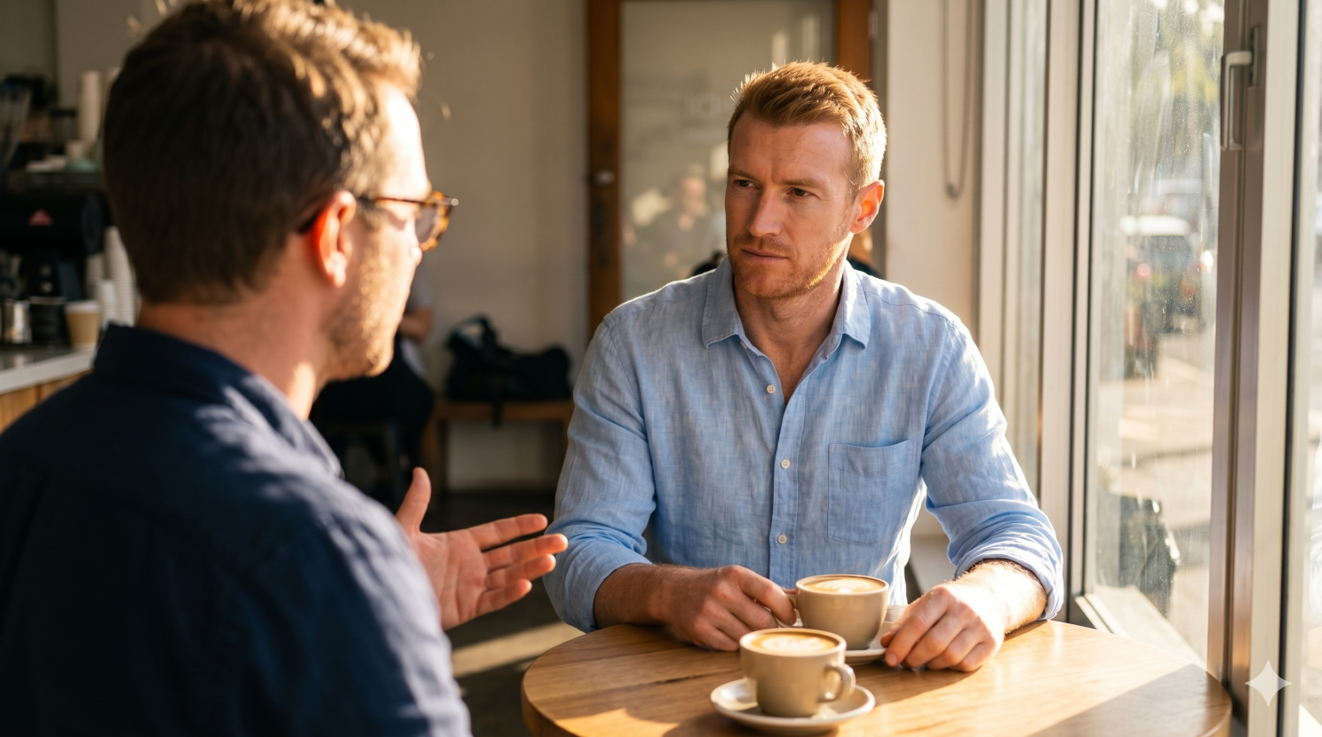 Two colleagues talking over coffee in a sunlit cafe