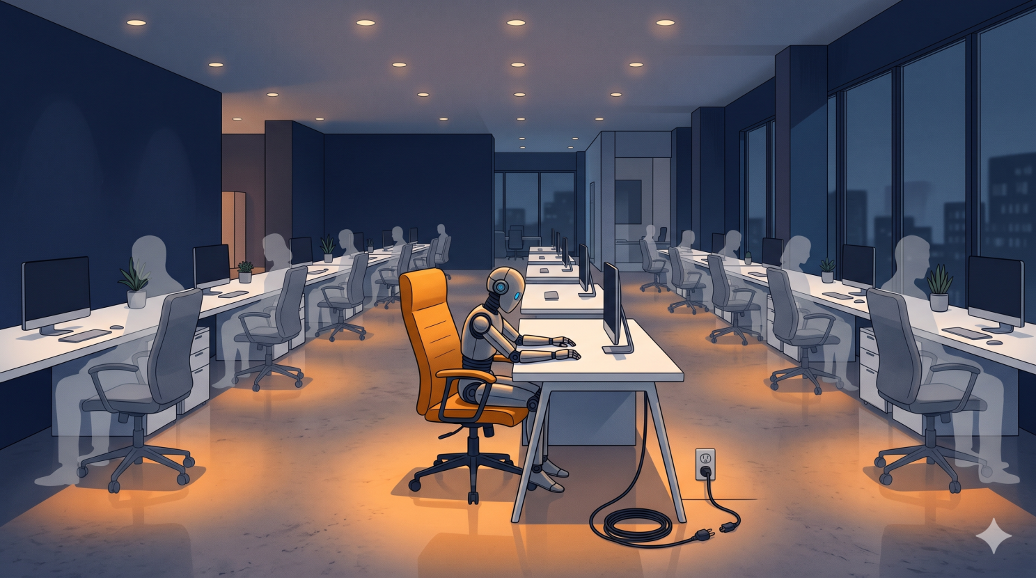 A lone robot works at a desk in an office of empty, ghosted chairs as automation displaces a workforce