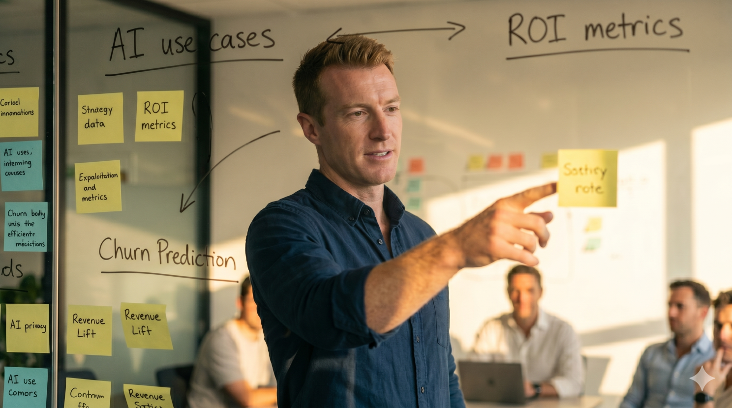 A consultant mapping AI use cases, ROI metrics and churn prediction on a glass strategy board