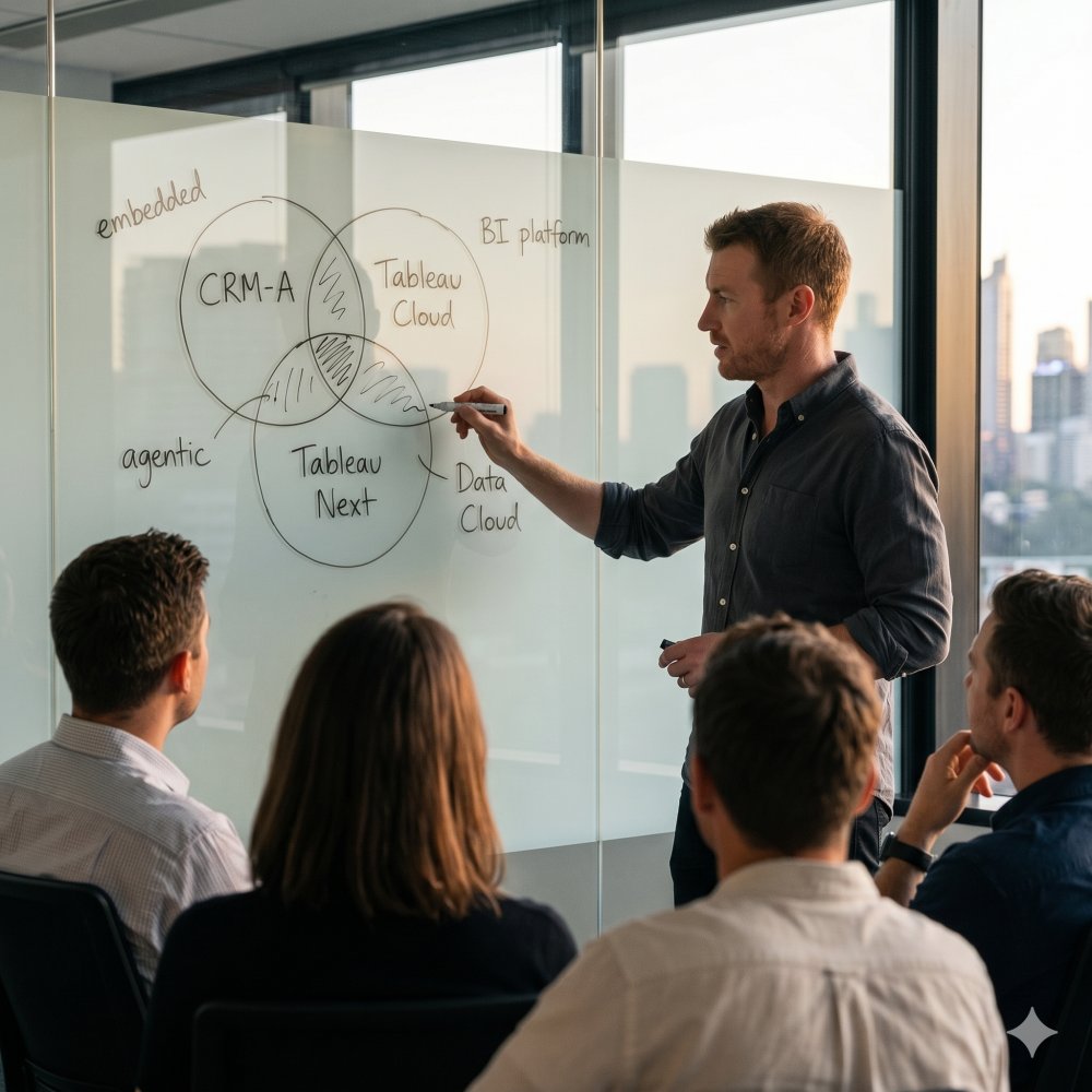 Enterprise team mapping out a Salesforce analytics strategy on a whiteboard