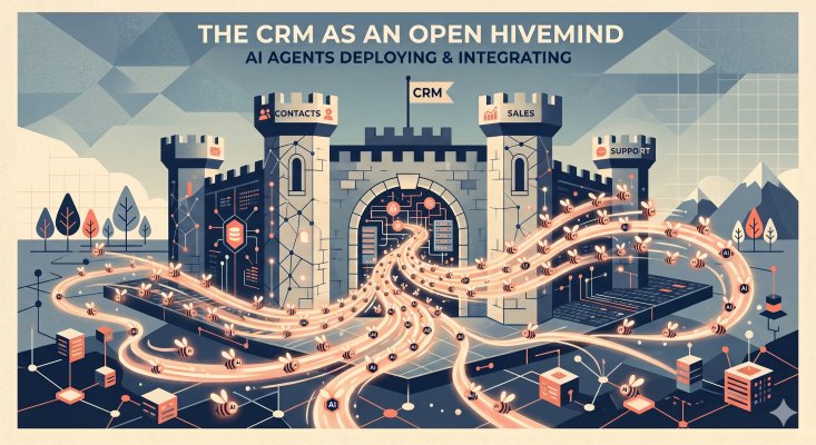 Illustration captioned 'The CRM as an open hivemind' showing a fortified castle being threaded with open data flows