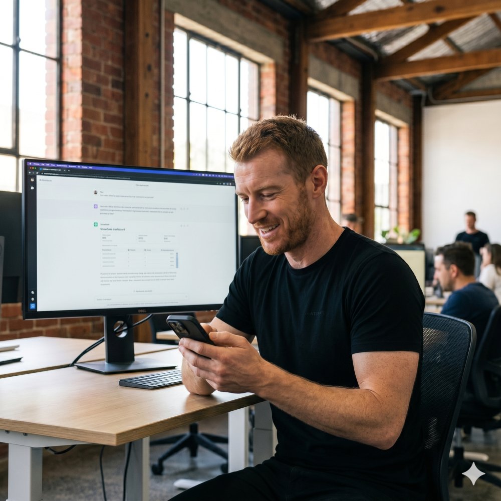 A modern office worker checking a chat-based assistant from their phone with a conversational interface open on the monitor
