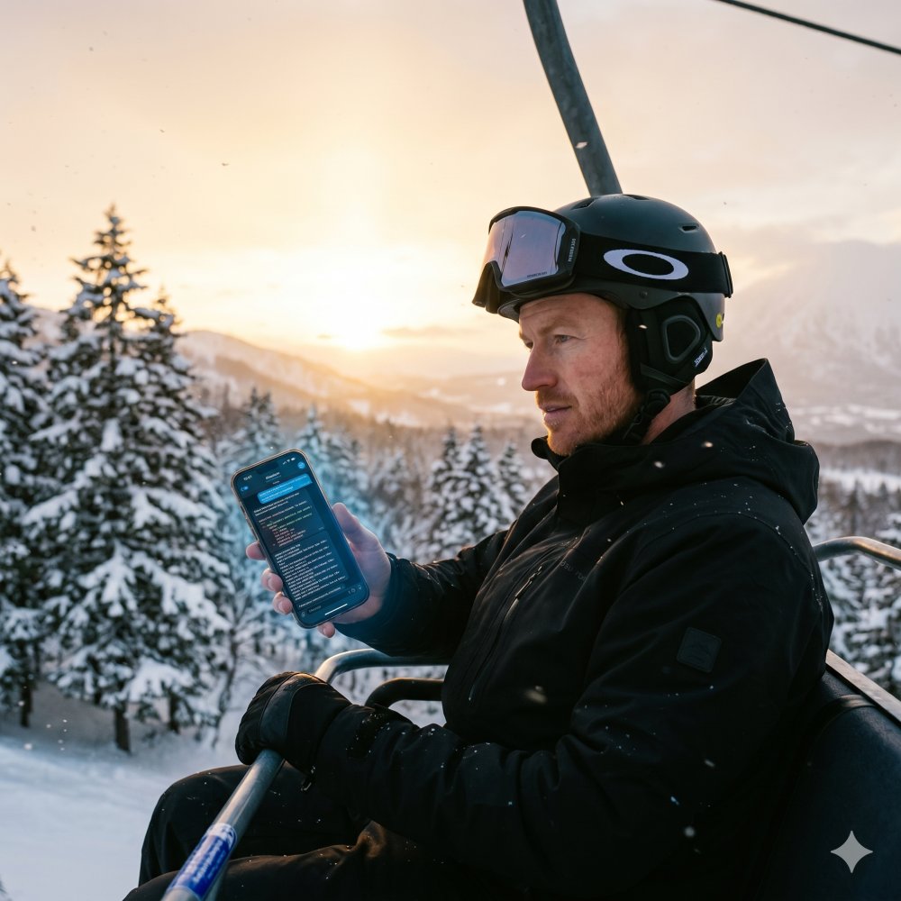Robin Leonard on a chairlift in Japan, building robinleonard.co from his phone via Telegram