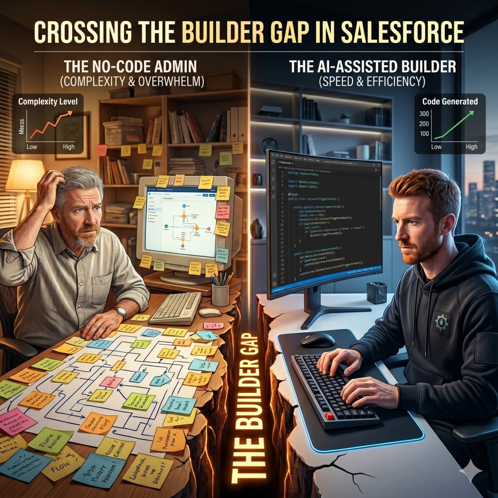 Illustration titled 'Crossing the Builder Gap in Salesforce' contrasting an overwhelmed no-code admin buried in sticky notes with a focused AI-assisted developer