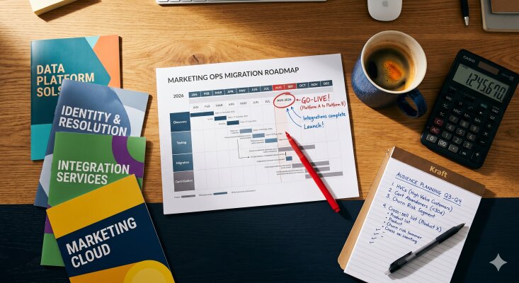 Ad Studio migration project planning notebook with calendar, calculator and stopwatch