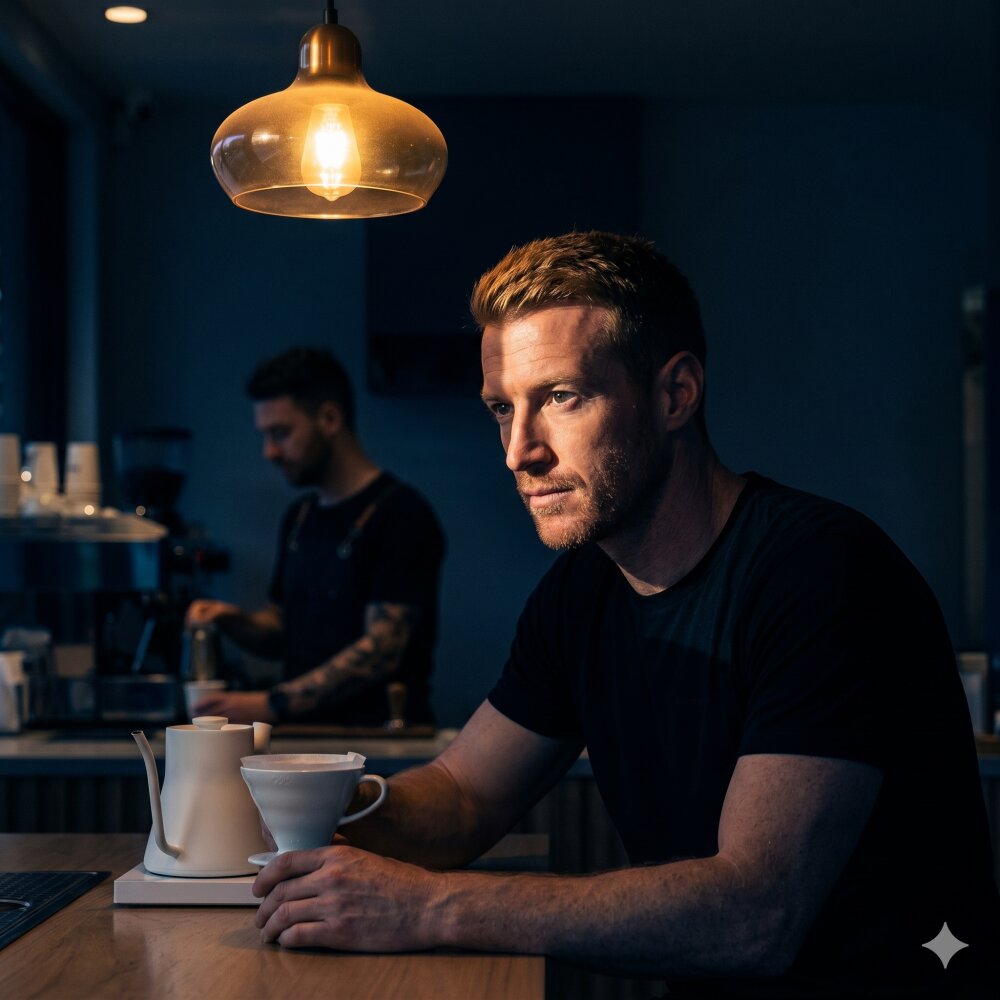 Robin Leonard sitting at the counter of a Melbourne coffee shop