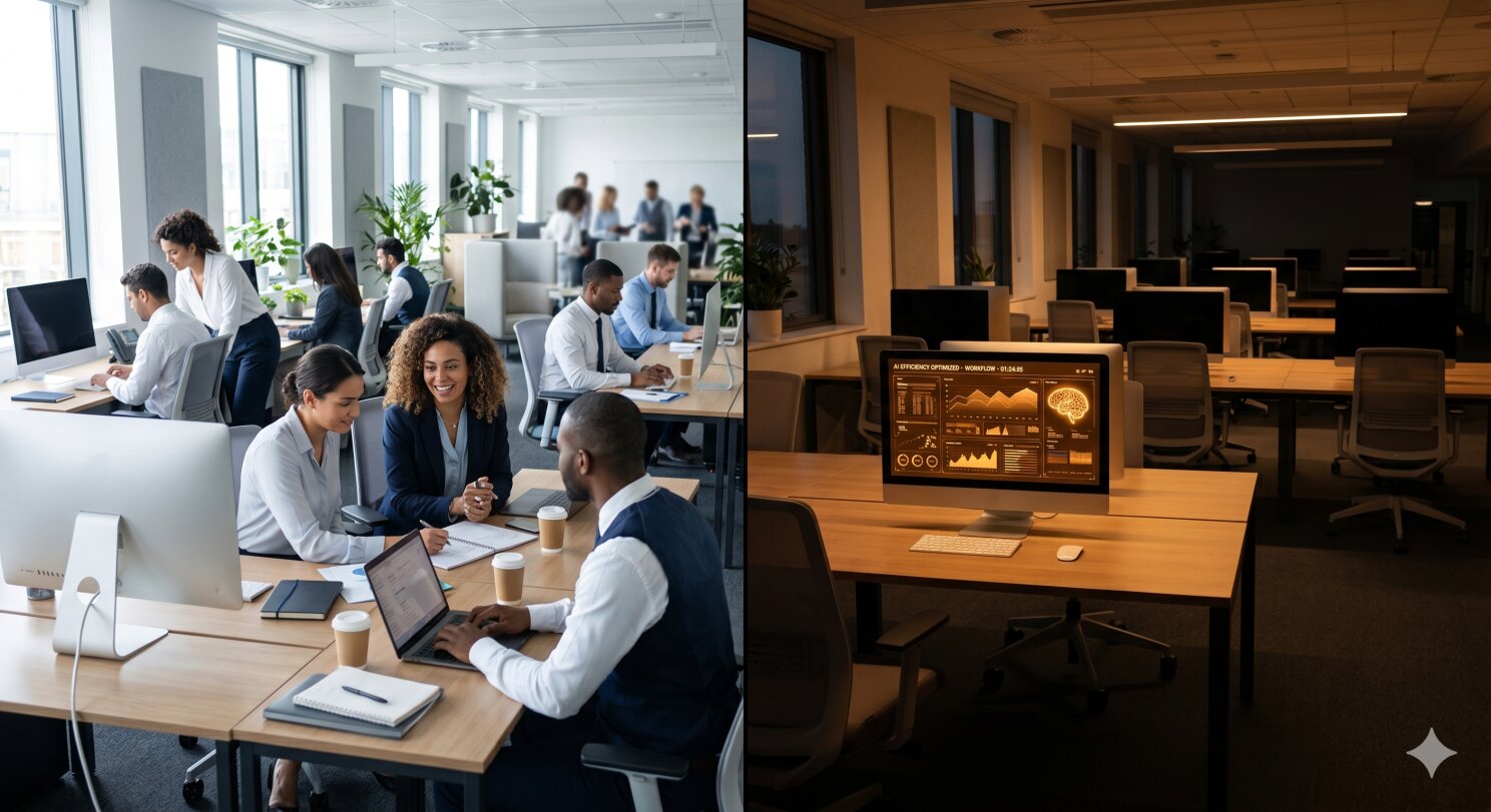 A busy office today versus an AI-optimised, near-empty office of the future